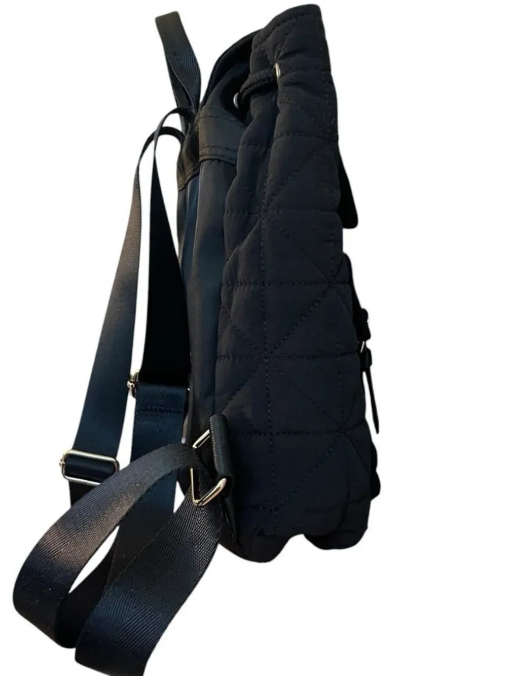 Black Quilted Mini Backpack Faux Leather Adjustable Straps Drawstring New